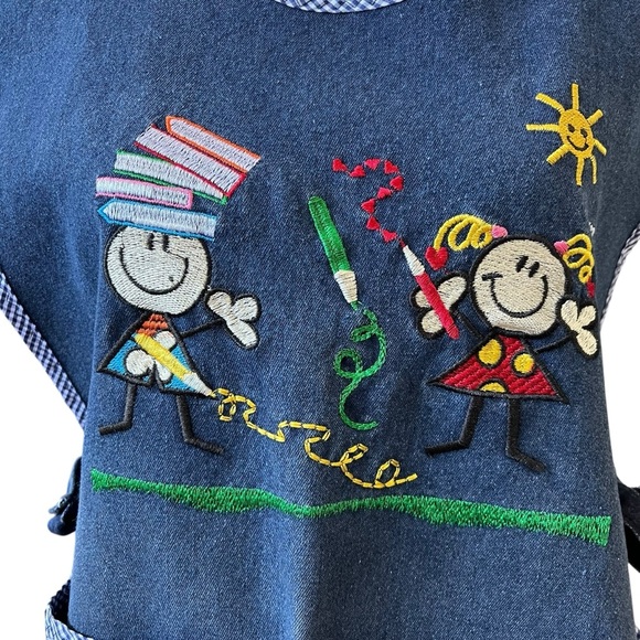 Teacher Apron Art Class Pre-K Kindergarten Smock Embroidered Handmade Blue Denim - Picture 5 of 8